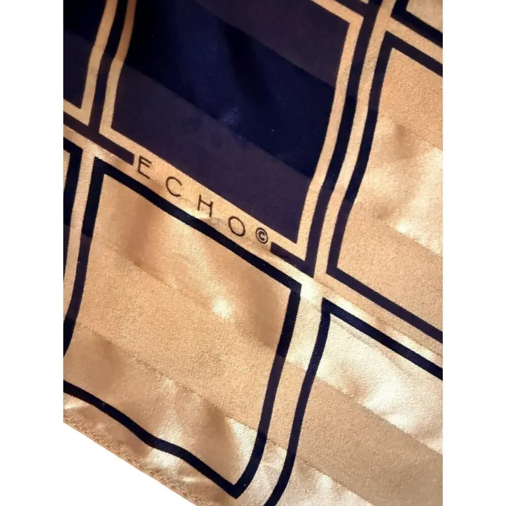 Vintage Echo Silk Scarf 1970s Navy Gold Cream Geometric Windowpane Plaid 30x30